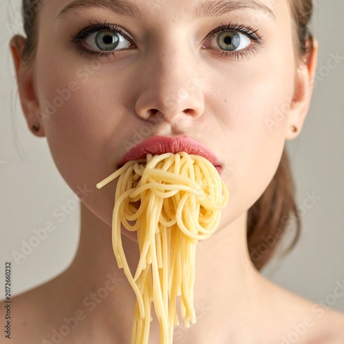 A woman is holding spaghetti in her mouth with a neutral backdrop