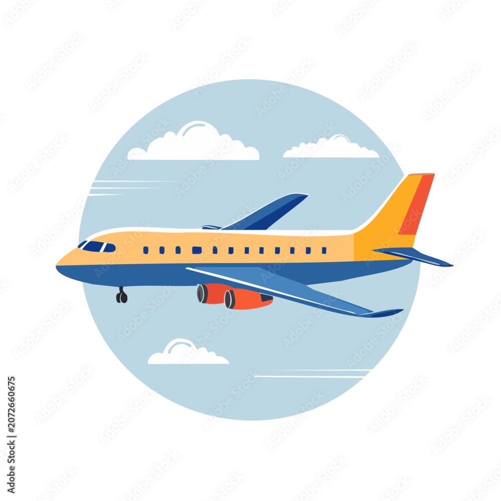 Fototapeta premium Colorful airplane flying in the sky illustration