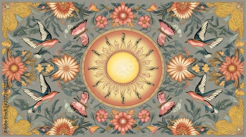 Decorative pattern with hummingbirds and yellow flowers isolated on white background