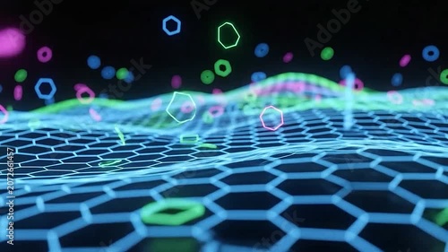Abstract digital landscape with glowing hexagonal grid and floating neon shapes