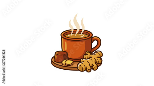 Hot Ginger Tea in a Mug with Fresh Ginger Root.