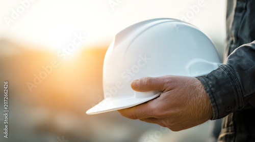 A construction worker holds a white hard hat in hand during sunset, emphasizing safety and dedication to the job.