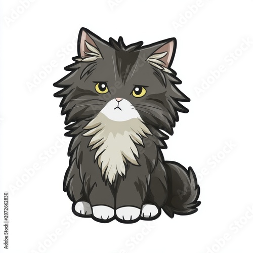 Fluffy Gray Cat with Yellow Eyes and White Chest Sitting with Serious Expression