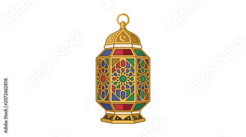 Ornate Moroccan Lantern with Colorful Glass Panels.