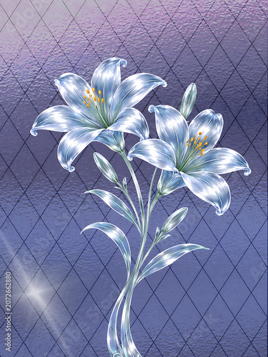 Shiny glass lily flowers isolated on purple background with decorative lattice texture. Translucent floral art illustration for card design, luxurious wallpaper and elegant interior decor.