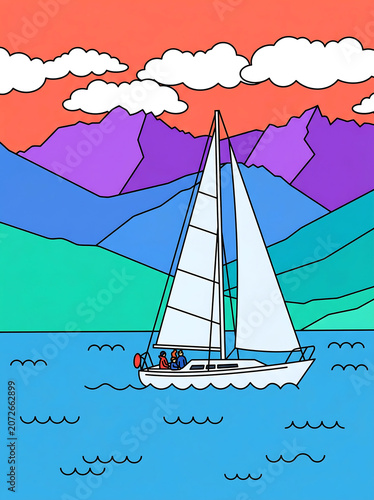  Vacation and travel concept. Colorful art style illustration representing nautical leisure and family trip.