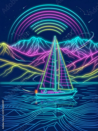 Neon sailboat sailing on water with mountains in background. 