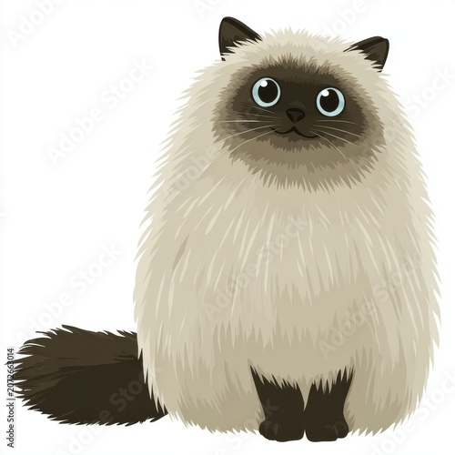 Fluffy Himalayan Cat With Blue Eyes And Dark Brown Face Markings Sits On White Background
