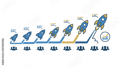 Rocket ship growth chart with people icons representing progress.