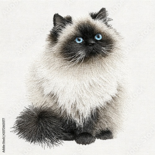 Fluffy Himalayan Cat With Blue Eyes Sitting On Textured Background With Soft Lighting
