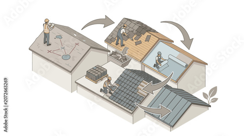 Roof maintenance and repair process illustration showing different stages.