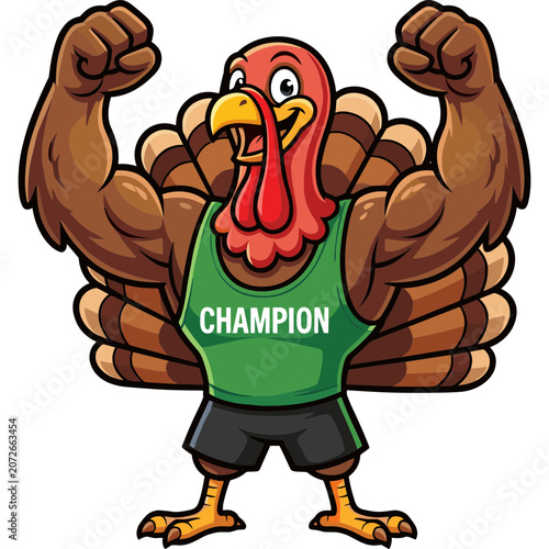 A muscular cartoon turkey wearing a green champion vest flexes its arms in a playful sports scene outdoors.
