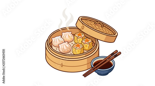 Steaming Dim Sum Basket with Chopsticks and Soy Sauce.