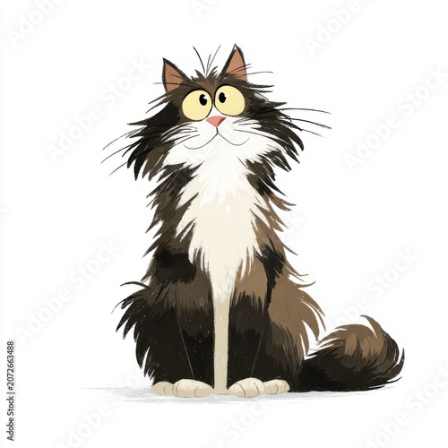 Fluffy Long Haired Cat With Wide Eyes And Pink Nose White Background Detailed Illustration