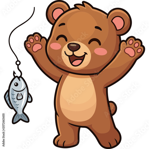A cartoon bear catches a fish with a fishing rod in a playful scene.