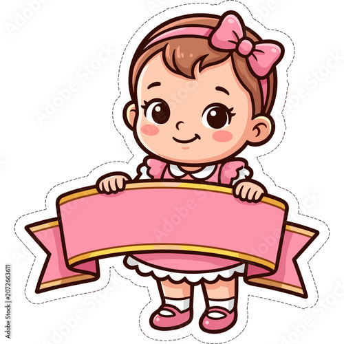 A cartoon girl holds a pink sign smilingly outdoors today.