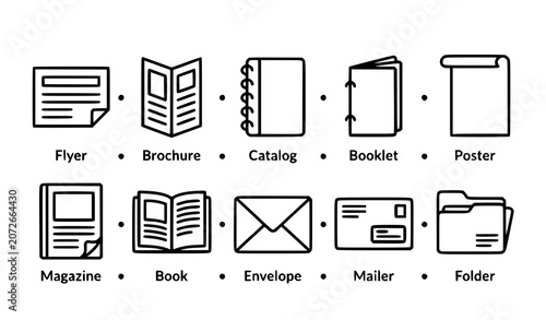 Slika na platnu Print media and brochure line icon set | Flyer catalog poster vector collection