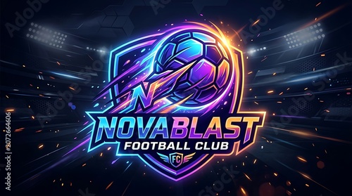 NovaBlast Football Club Neon Emblem with Dynamic Soccer Ball.