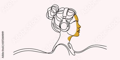 Continuous One Line Woman Listening Music Illustration with Headphones