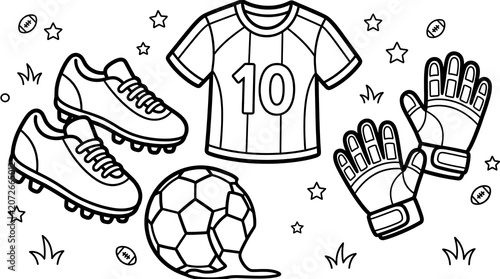 Soccer Equipment Coloring Page for Kids and Sports Enthusiasts.