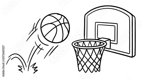 Basketball Shot in Motion Towards Hoop.