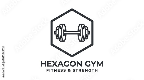 Hexagon Gym Logo with Dumbbell Icon for Fitness and Strength.
