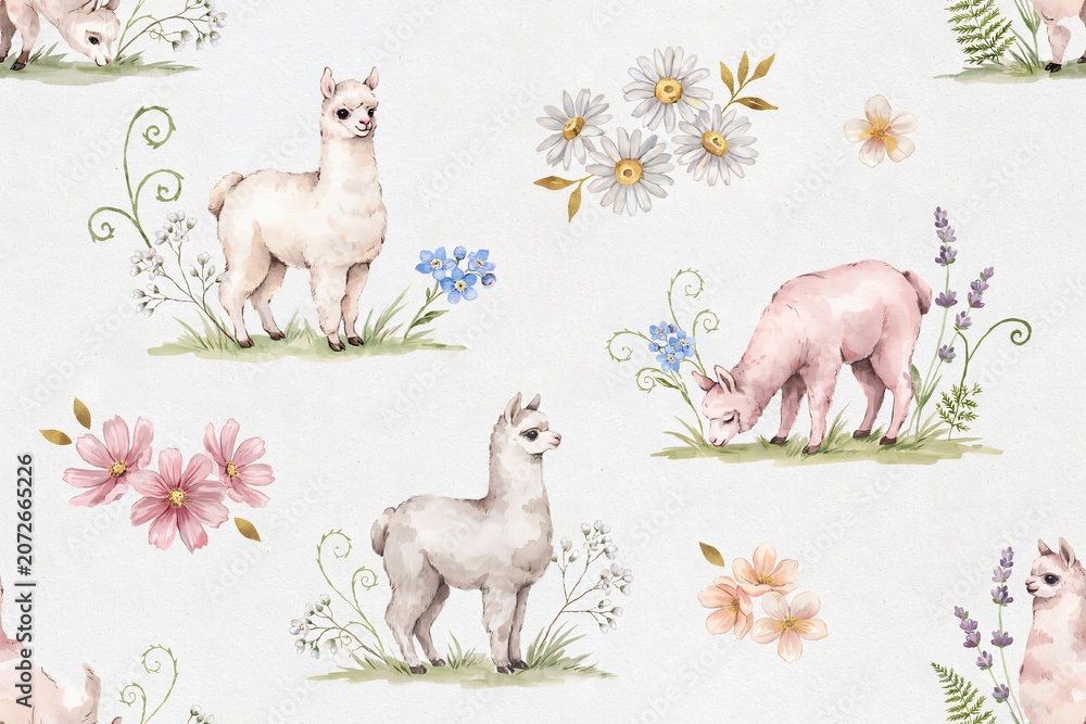 Fototapeta premium Watercolor seamless pattern with adorable white alpacas, pink flowers, daisies, and lavender sprigs on a soft light textured paper background
