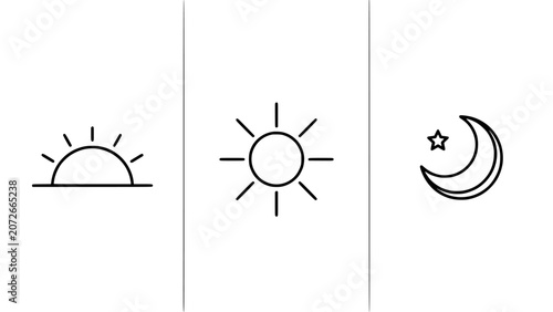 Sun Icon, Sunrise and Daylight Symbol Set Showing Morning Noon and Evening Times of Day Concept Featuring Night, Moon, Crescent