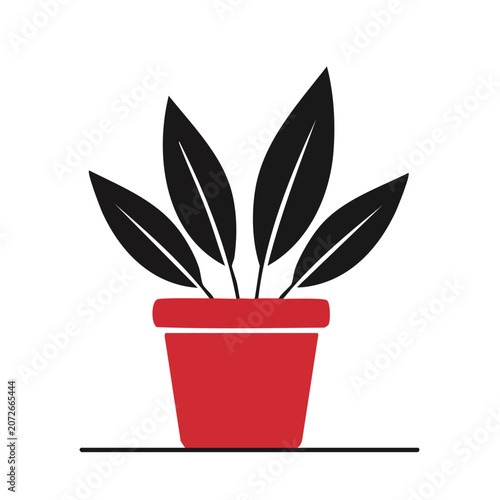 Flat icon of potted plant with red pot and green leaves
