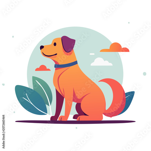 Flat illustration of a happy dog sitting outdoors