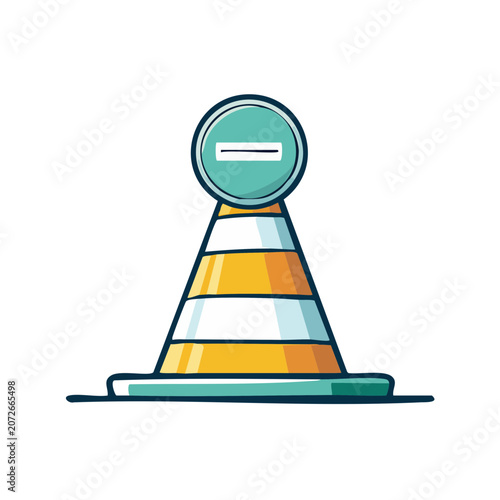 Flat illustration of a traffic cone with road sign