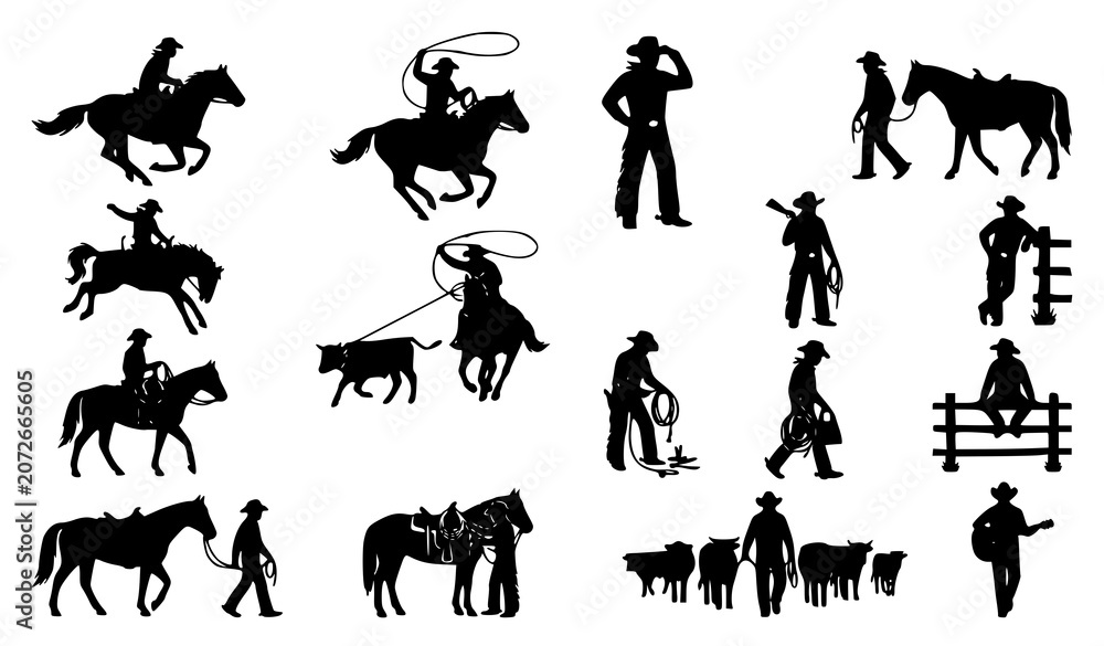 Fototapeta premium Western Cowboy Silhouette Collection Vector Illustration with Rodeo and Ranch Characters