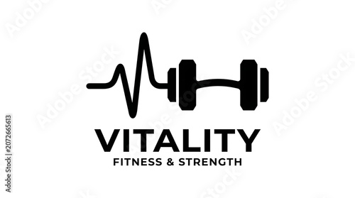 Vitality Fitness and Strength Logo with Heartbeat and Dumbbell.