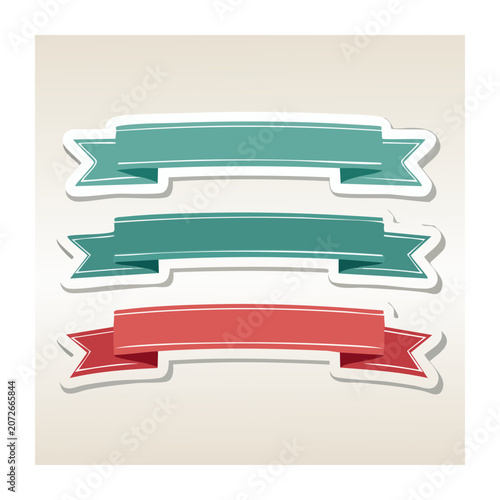 Three flat design ribbon banners in teal and red