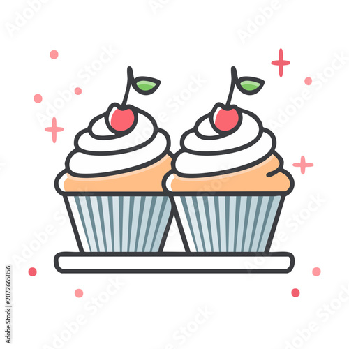 Two cupcakes with cherries flat vector illustration