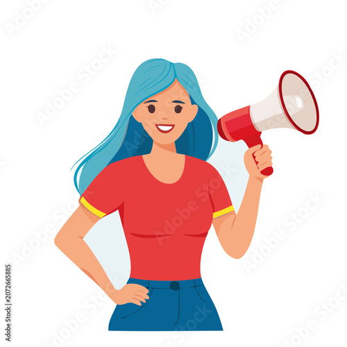 Woman holding megaphone, flat vector illustration
