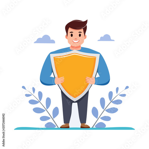 Cartoon man holding a shield, flat vector illustration