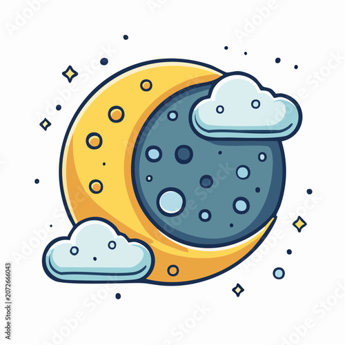 Cartoon Crescent Moon with Clouds and Stars