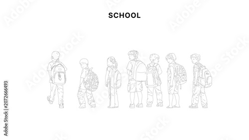 Children going to school line art illustration with students carrying backpacks, group of kids and parent walking in clean minimal outline style
