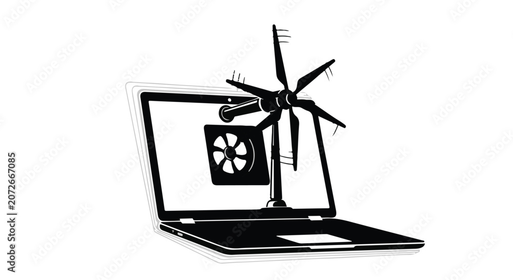 Obraz premium Digital wind turbine emerging from laptop screen, symbolizing green technology innovation