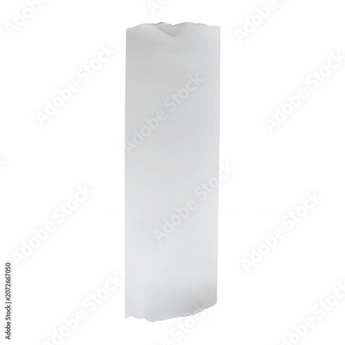 A single long vertical strip of white crumpled paper with a rough torn edge on one side, isolated on a white background, for use as, a texture or
