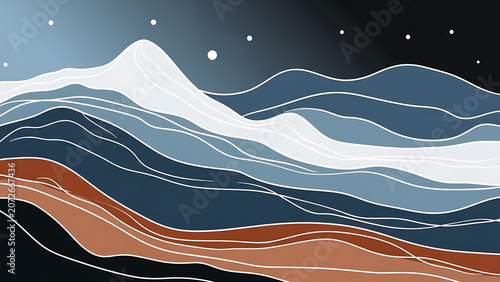 Abstract minimalist landscape illustration of rolling hills under a starry night sky with layered silhouettes