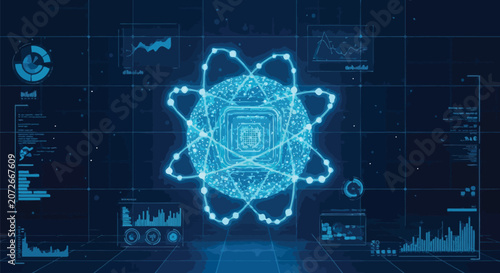 Neon blue atom, glowing molecule, futuristic technology, science background