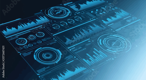 Neon blue DJ mixer, audio interface, sound equalizer, music controller