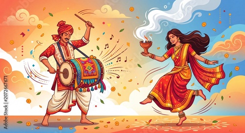 Traditional Durga Puja Dhunuchi Dance and Dhak Drummer Festival Vector Illustration
