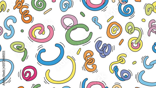 Seamless pattern of colorful hand drawn swirl and spiral doodles on a white background with colorful, seamless