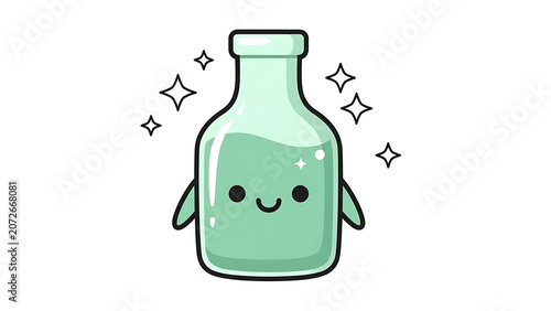 Cute cartoon glass bottle character with happy face and sparkles character sparkles container illustration