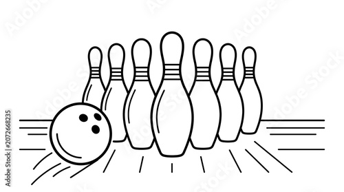 Bowling Ball and Pins Line Art Illustration on a Lane.