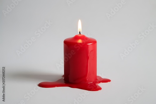 Red Candle Burning with Melted Wax on White Background