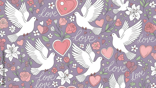 Seamless pattern with flying white doves and romantic hearts on purple background seamless romantic background